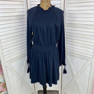 TopShop Smocked Long Sleeve Jersey Knit Skater Dress Blue 8
